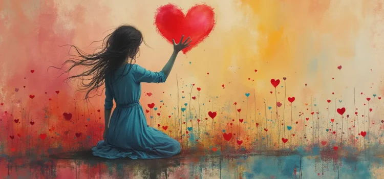 A girl surrounded by heart-shaped flowers and touching a heart in the air symbolizes that you are the love of your life