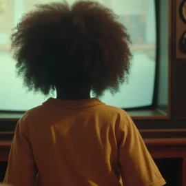 The back of a young black girl watching television in 1975