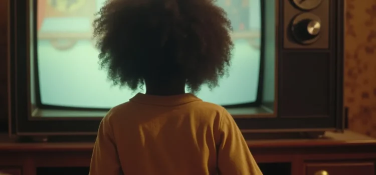 The back of a young black girl watching television in 1975