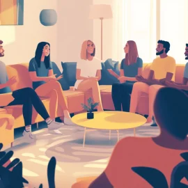 A group of people sitting in a circle in a room talking about their experiences