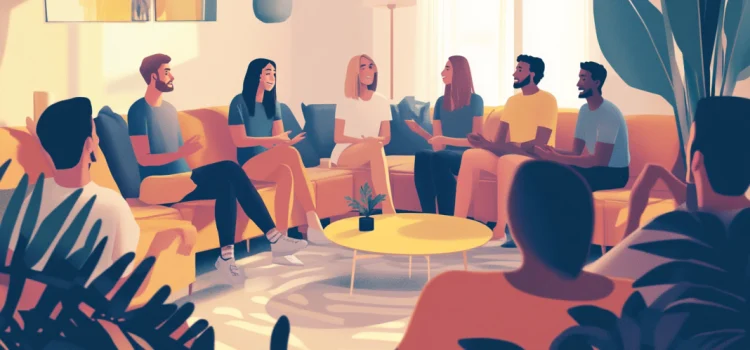 A group of people sitting in a circle in a room talking about their experiences