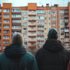 A group of people standing in front of an apartment complex opposing evictions in the US