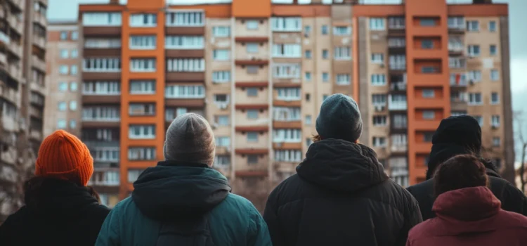 A group of people standing in front of an apartment complex opposing evictions in the US