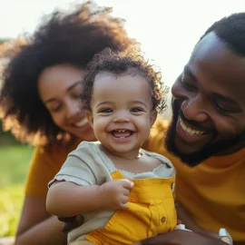 A mother and father who understand how to be better parents, holding their happy baby outside