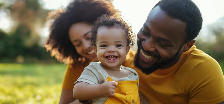 A mother and father who understand how to be better parents, holding their happy baby outside