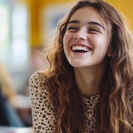 A happy student in a classroom, showing that learning should be fun