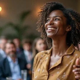 A smiling woman in front of a crowd illustrates the importance of authenticity in public speaking