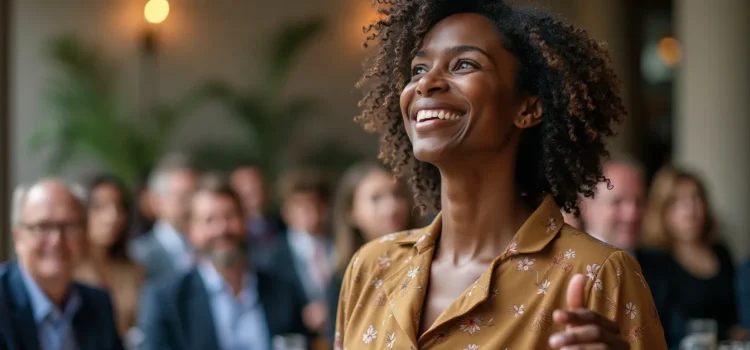 A smiling woman in front of a crowd illustrates the importance of authenticity in public speaking