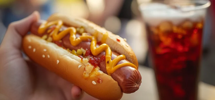 A hot dog and cola, showing that it's ultra-processed foods that cause obesity, not a lack of willpower