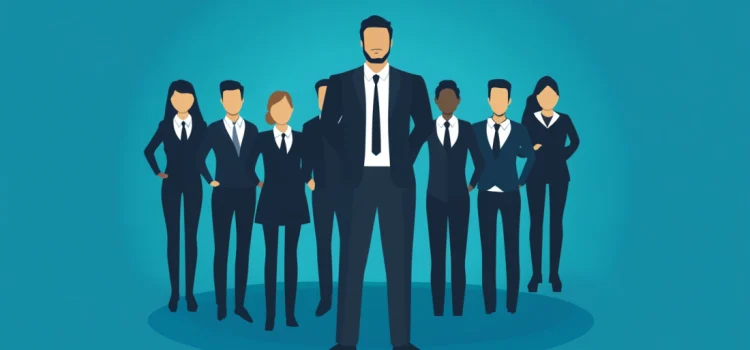 A leader standing in front of a group of employees, showing how to build a strong team