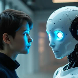 A human woman and an AI robot looking at each other raises the question, "Is AI smarter than humans?"