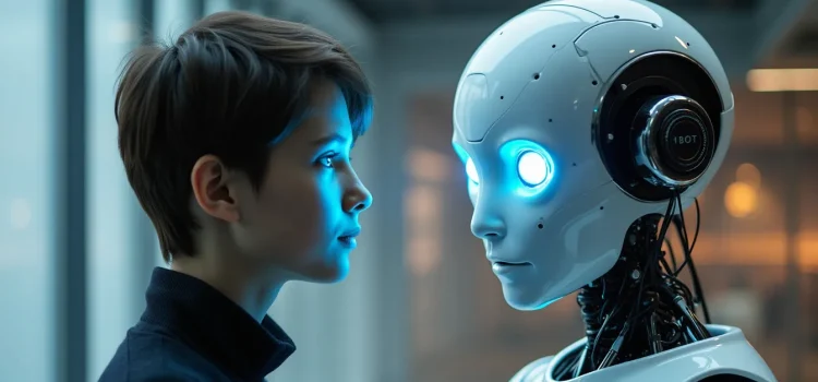 A human woman and an AI robot looking at each other raises the question, "Is AI smarter than humans?"