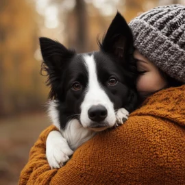 A human hugging a border collie dog in her arms, showing the importance of animals to humans