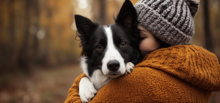 A human hugging a border collie dog in her arms, showing the importance of animals to humans