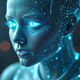 A human-like robot with shining eyes raises the question, "Will AI have consciousness?"