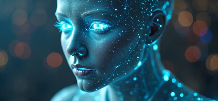 A human-like robot with shining eyes raises the question, "Will AI have consciousness?"