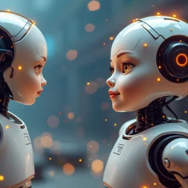 Two human-like robots with smiles and bright eyes raise the question, "Will AI have emotions?"