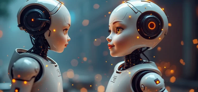 Two human-like robots with smiles and bright eyes raise the question, "Will AI have emotions?"