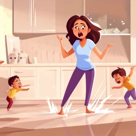 Children creating a mess while an overwhelmed mother is trying to practice mindful parenting