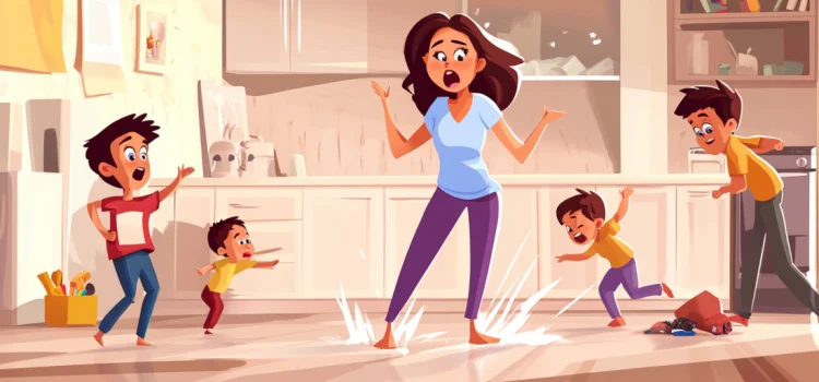 Children creating a mess while an overwhelmed mother is trying to practice mindful parenting