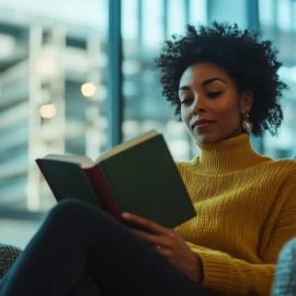 A female leader reading a book in a chair