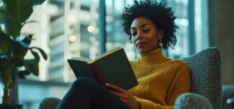 A female leader reading a book in a chair