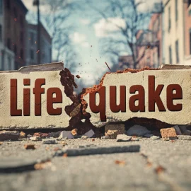 The word "lifequake" on a piece of concrete being split by an earthquake