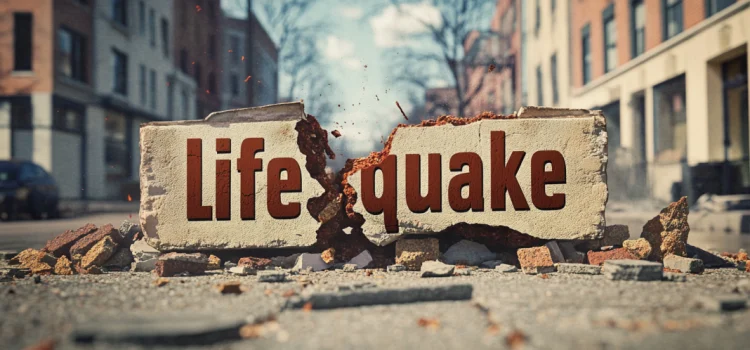 The word "lifequake" on a piece of concrete being split by an earthquake