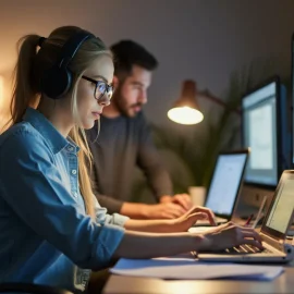 A woman focused on her work in a home office while her husband works in the background illustrates how to stay on task