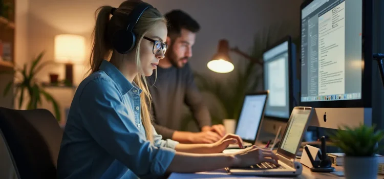 A woman focused on her work in a home office while her husband works in the background illustrates how to stay on task