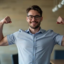 What are your talents? A professional man in an office flexing his arm muscles illustrates his career super strengths