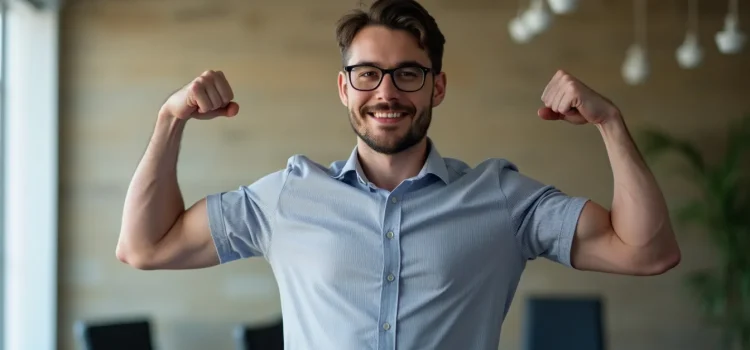 What are your talents? A professional man in an office flexing his arm muscles illustrates his career super strengths