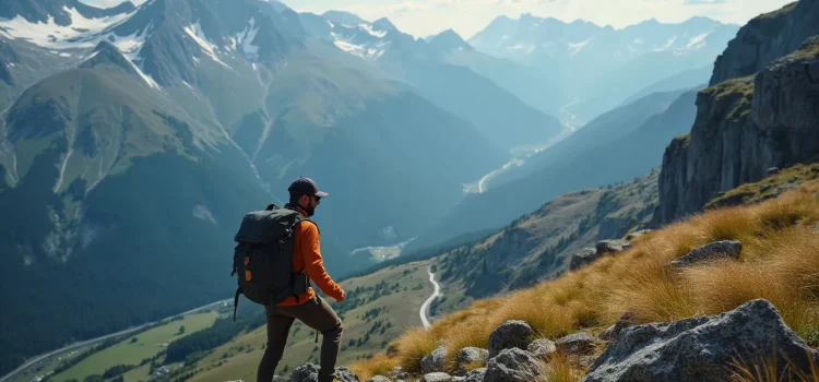 A man with a backpack and an orange pullover hiking in the mountains illustrates incremental progress