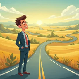 A cartoon of a man in a business suit on a road that winds for miles illustrates a nonlinear career path