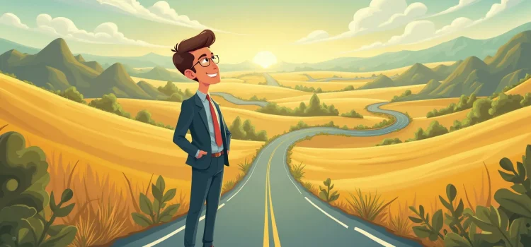 A cartoon of a man in a business suit on a road that winds for miles illustrates a nonlinear career path