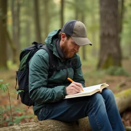 A man in the woods wearing a jacket, hat, and backpack, sitting on a log, and journaling illustrates the importance of rest