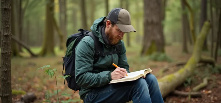 A man in the woods wearing a jacket, hat, and backpack, sitting on a log, and journaling illustrates the importance of rest