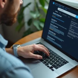 A man looking at search engine results on a laptop computer illustrates Google search/SEO