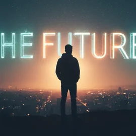 A man in silhouette looking at "THE FUTURE" in neon letters in the night sky illustrates Peter Zeihan's predictions