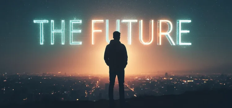 A man in silhouette looking at "THE FUTURE" in neon letters in the night sky illustrates Peter Zeihan's predictions