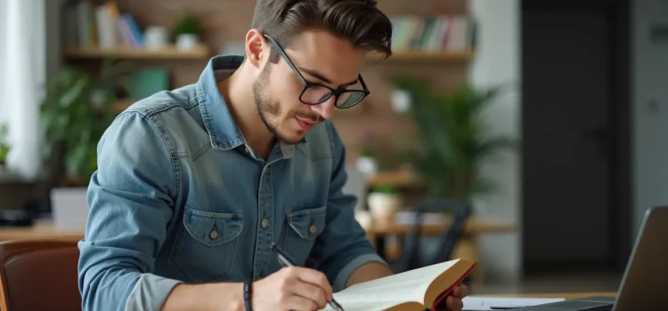 A young man with dark hair, a beard, and glasses in a home office reading a book and underlining text