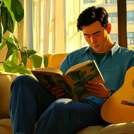 A man on a couch reading a book with a guitar on the couch next to him.