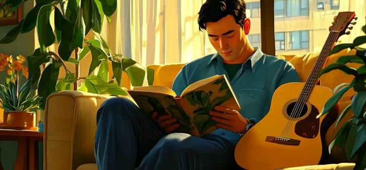 A man on a couch reading a book with a guitar on the couch next to him.