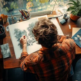 A man practicing the creative process by sketching art at a desk by a window.