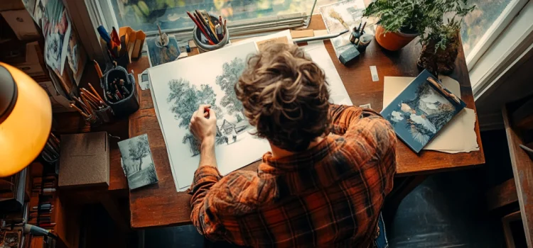 A man practicing the creative process by sketching art at a desk by a window.