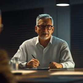 A white-haired middle-aged man with eyeglasses speaking to two people in a meeting illustrates concise communication at work