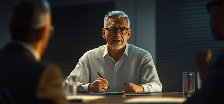 A white-haired middle-aged man with eyeglasses speaking to two people in a meeting illustrates concise communication at work