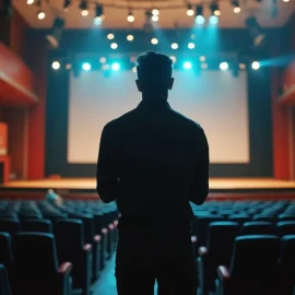 A drama instructor, seen from behind in silhouette, in a theatre