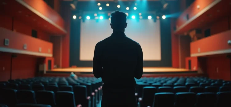 A drama instructor, seen from behind in silhouette, in a theatre