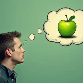 A man imagining a green apple (in a thought bubble over his head) illustrates mental representations